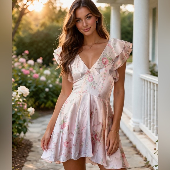 LoveShackFancy Dresses & Skirts - LoveShackFancy “Frankie” Light Pink  Ruffle V-Neck Mini Dress